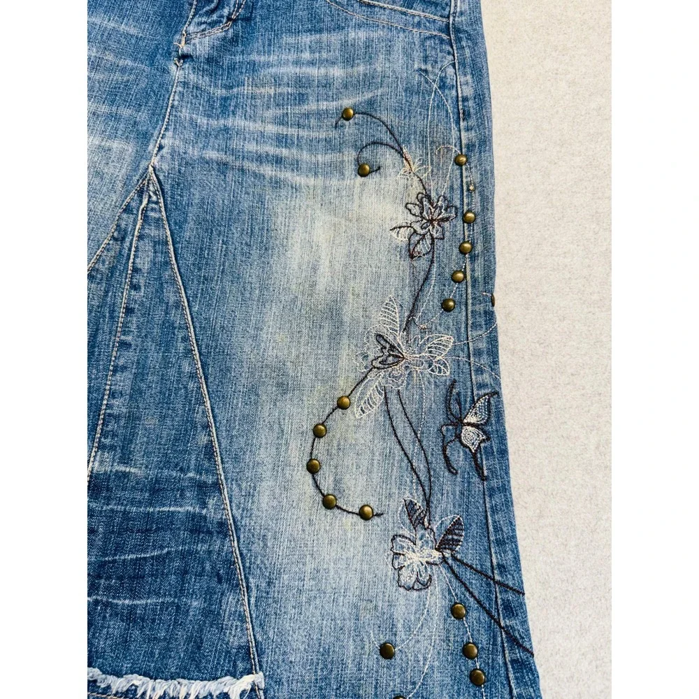 Faded Glory Originals Girls 8 Denim Skirt Butterfly Embroidered Studded Boho